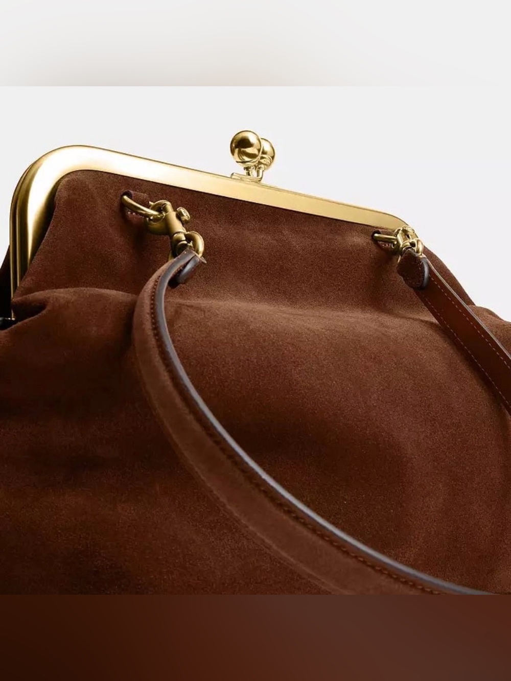 Coach Kisslock Frame Bag 27 in Brass/Warm Brown Suede & Refined Calf Leather NWT - Picture 7 of 14
